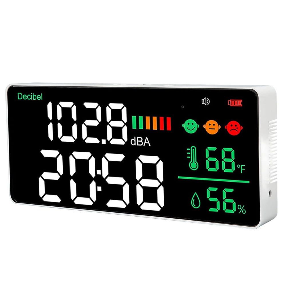 Decibel Meter 11 Inch LED Screen, Wall Mounted Sound Level Reader 30 to 130db, Time Temperature Humidity Display - Sensor, Adjustable Brightness, Ideal for Noise