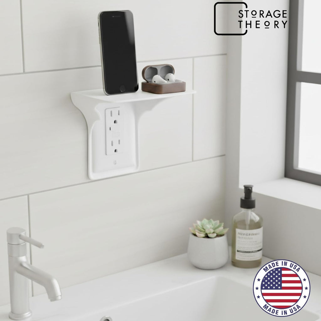 BeraTek Power Perch Wall Outlet Shelf with Cord Storage Strap - Declutter & Reclaim Counter Space - Top Uses: Charging Shelf, Echo Dot Stand, Apple HomePod Mini Wall Mount - White, 1-Pack