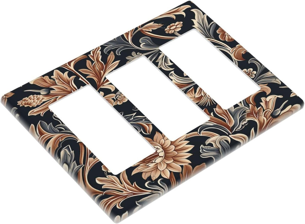Light Switch Covers Vintage Grey Plant Leaves Brown Flowers 3 Gang Rocker Electrical GFCI Decorative Triple Outlet Wall Plate Cover Switchplate for Bedroom Home Decor