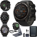 Garmin Fenix 8 Premium Multisport GPS Running Smartwatch, 51 mm, Sapphire, Solar, Dive-Rated, Built-in Flashlight, DLC Titanium with Pebble Gray Band - Signature Series Charging Stand