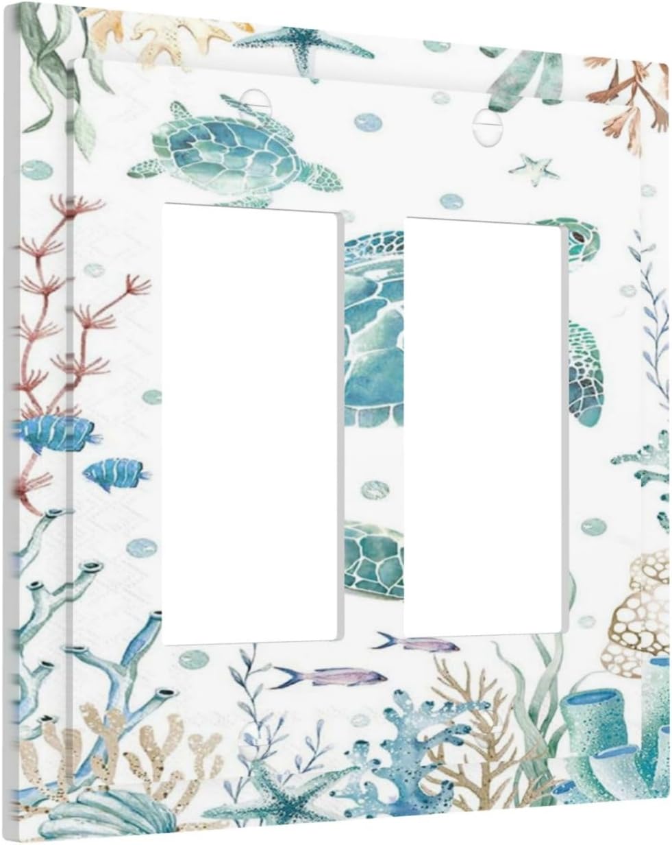 Sea Turtle Ocean Starfish Fish Coral Pearl Decorative Outlet Covers 2 Gang Double GFCI Rocker Electrical Wall Panels Light Switch Cover Plate for Bathroom Kids Room Decor