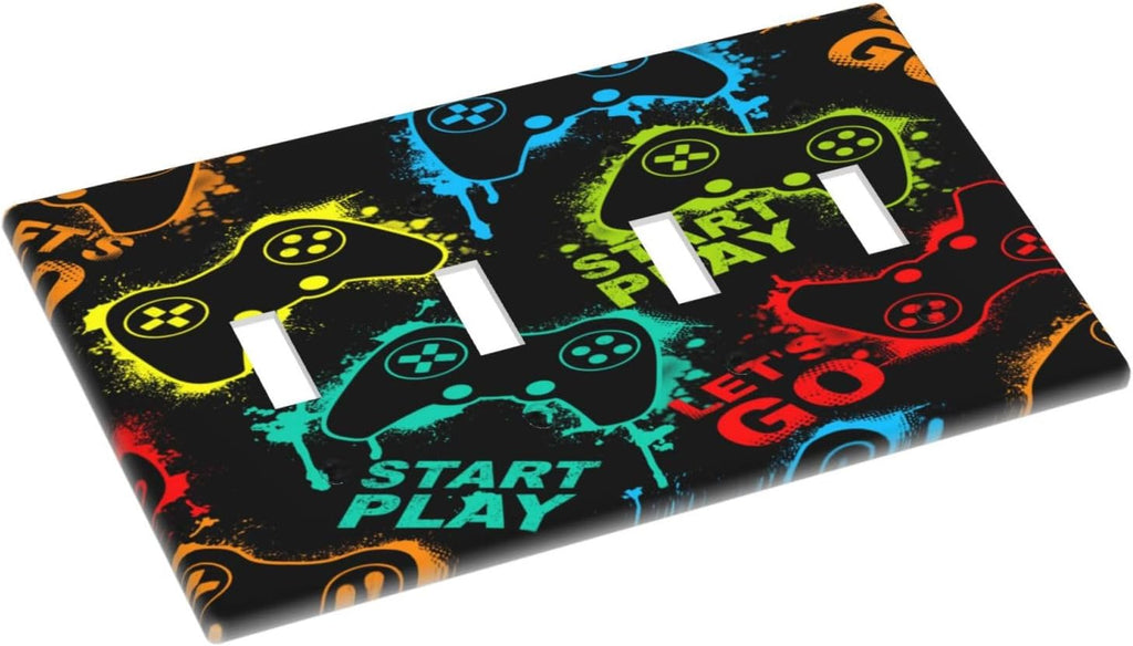 Decorative Light Switch Plate Covers Gamepad Theme Graffiti 4 Gang Light Switch Cover Quad Toggle Wall Plate Outlet Covers for Game Room Bedroom Home Decor