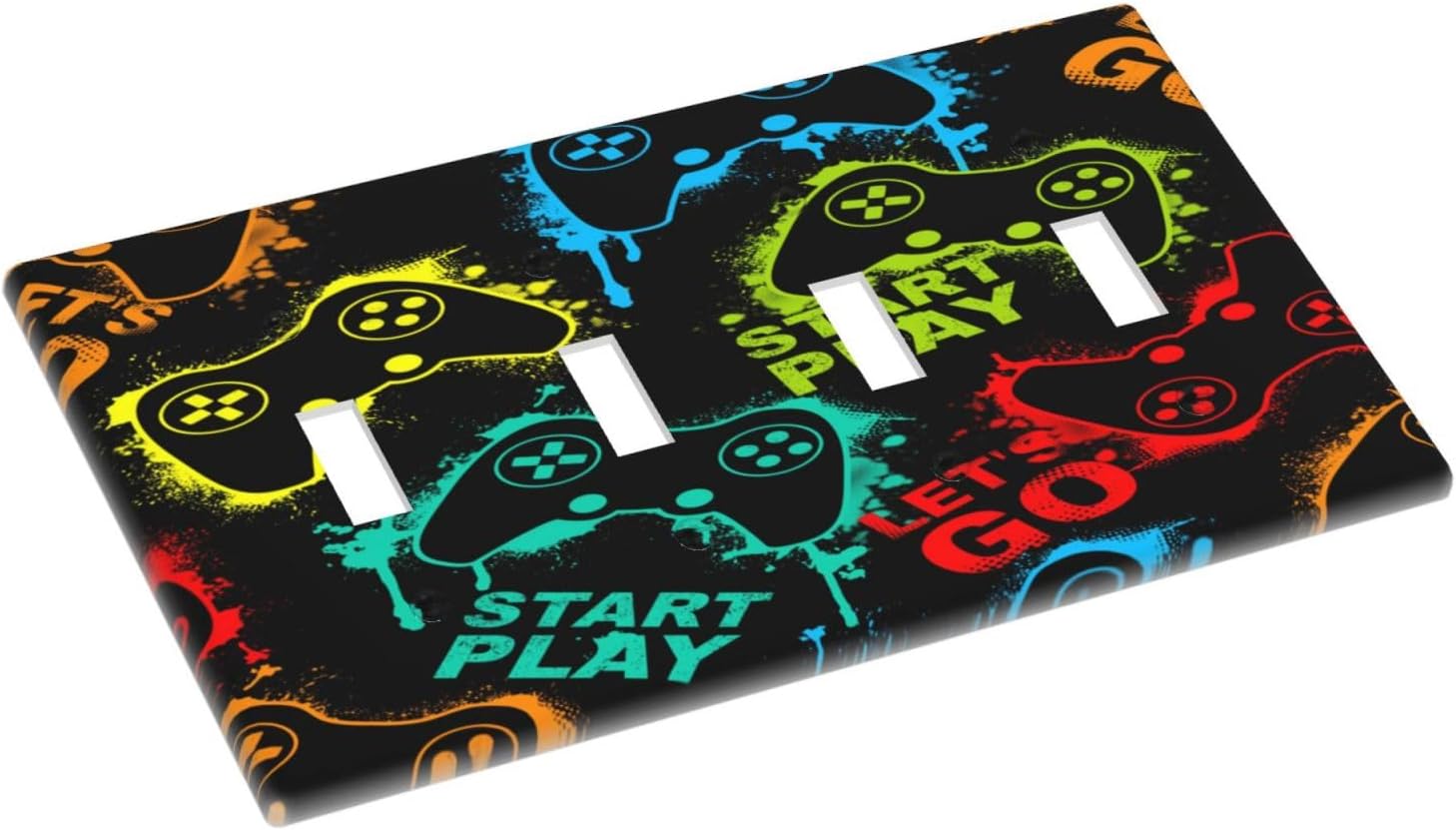 Decorative Light Switch Plate Covers Gamepad Theme Graffiti 4 Gang Light Switch Cover Quad Toggle Wall Plate Outlet Covers for Game Room Bedroom Home Decor