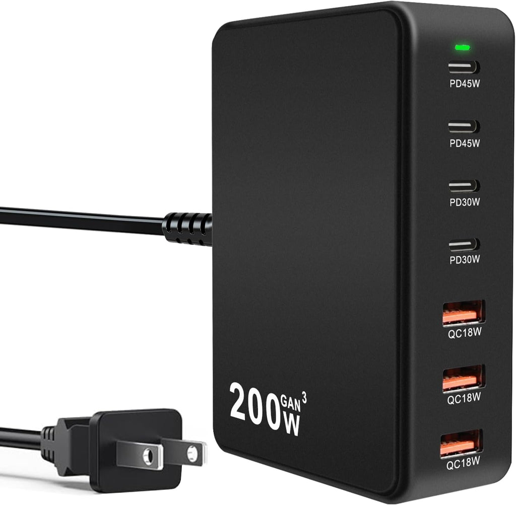 USB C Charger Block 200W 7 Port Fast Charging Block, PD Laptop Charger Station, Multiport Brick Hub Compatible with MacBook Pro/Air, iPad, iPhone 17/16/15/14, Galaxy S23/22, DELL, Steam Deck(Black)