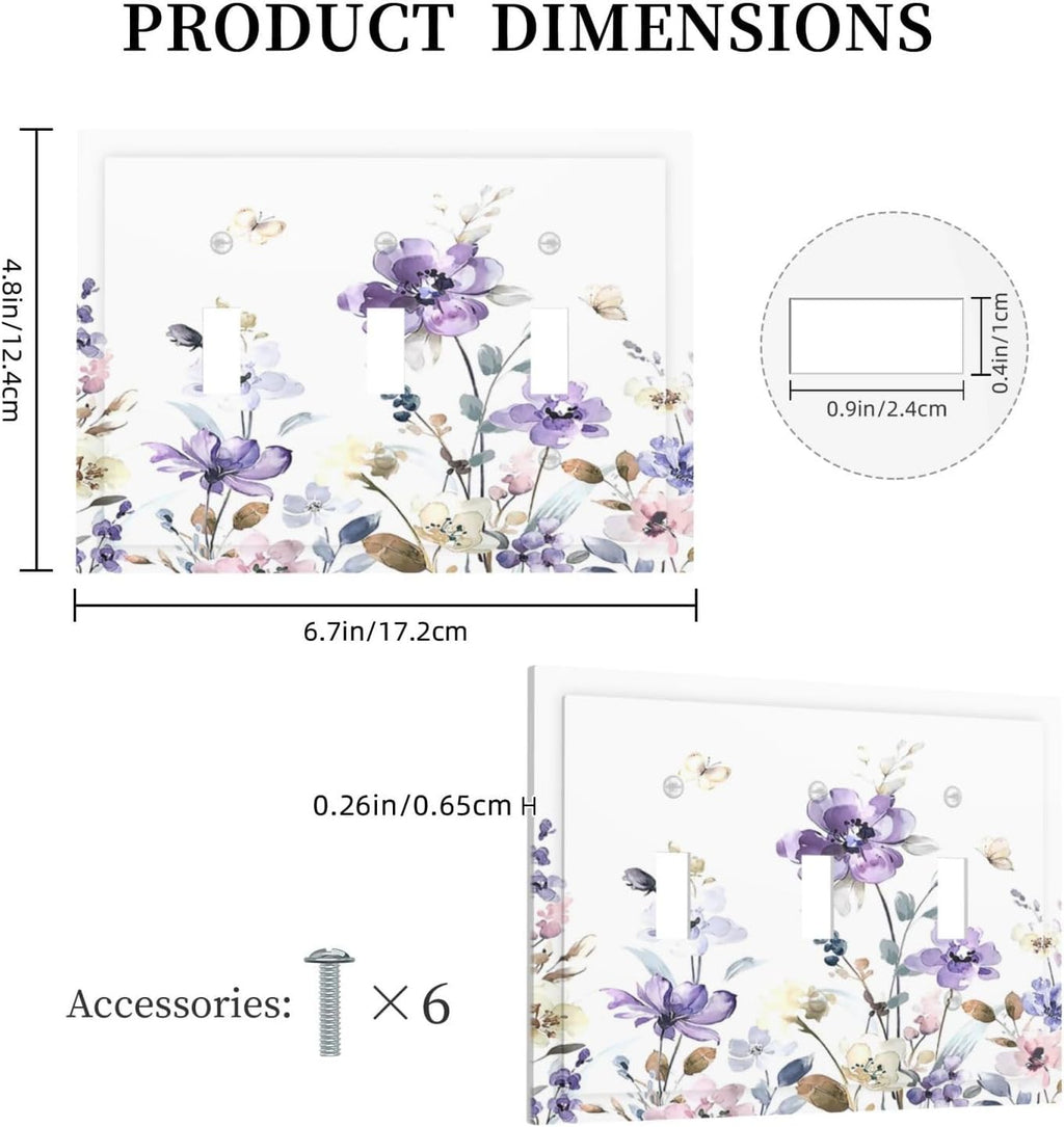 Decorative Switch Plates Purple Floral Lilac Watercolor Flower Leaves Butterfly Wildflower 3 Gang Wall Plate Faceplate Triple Toggle Light Switch Cover Electrical Wall Panels for Bedroom Home Decor