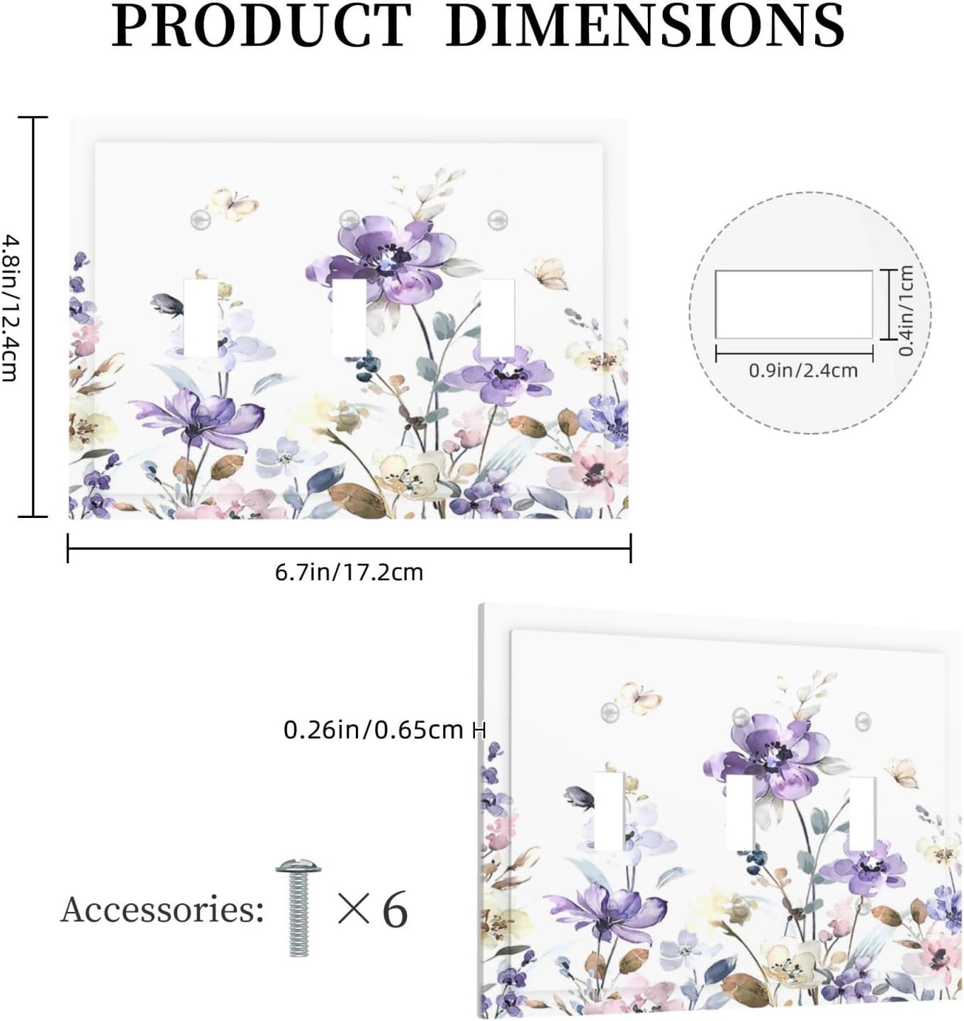 Decorative Switch Plates Purple Floral Lilac Watercolor Flower Leaves Butterfly Wildflower 3 Gang Wall Plate Faceplate Triple Toggle Light Switch Cover Electrical Wall Panels for Bedroom Home Decor