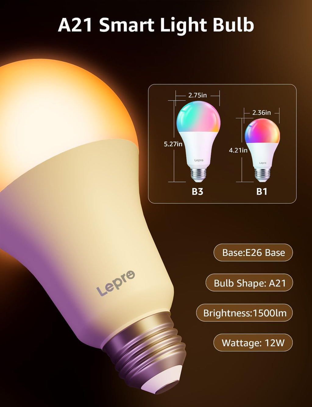 Lepro B3 AI Smart Light Bulbs - 1500LM 100W Equivalent A21 Bulb, WiFi & Bluetooth RGBWW Color Changing, Works with Alexa & Google Assistant, AI Voice Control by App, Music Sync, 2.4GHz Only (4 Pack)