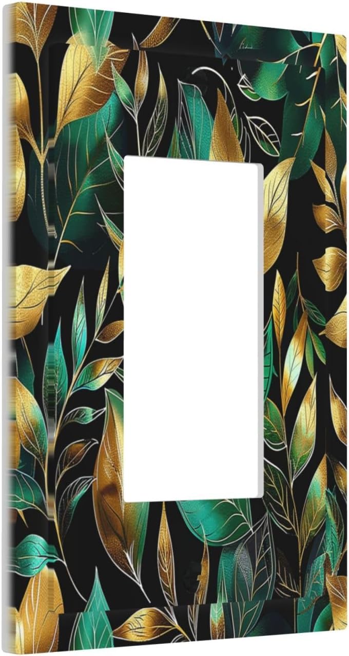 Decorative Outlet Covers Vintage Dark Green Vine Leaf Golden Plants 1 Gang Single Rocker Light Switch Cover Plate Wall Plates GFCI Faceplate for Bed Room Cabin Decor