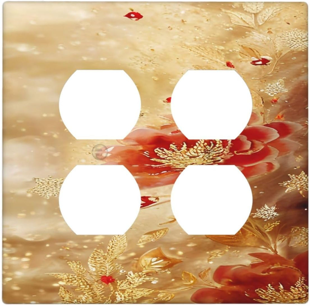 Decorative Outlet Covers Golden Leaf Red Peony Flowers Floral 2 Gang Wall Plate Cover Double Duplex Receptacle Two Switch Light Switch Cover Plate Jumbo Dual Faceplate