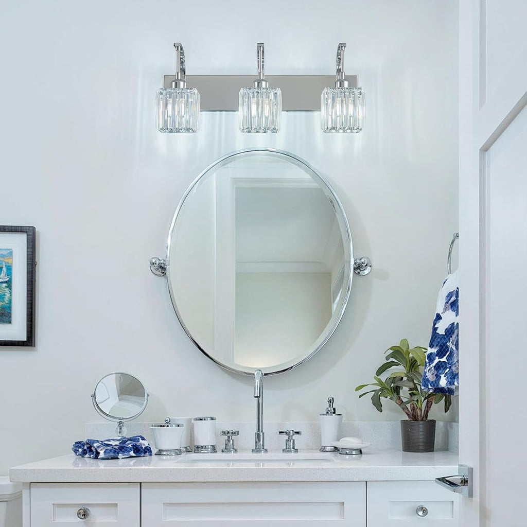 Crystal Vanity Lights 3-Light Chrome Bathroom Vanity Lights Modern Crystal Bathroom Light Fixtures Over Mirror 23.62" Long Vanity Light for Bathroom