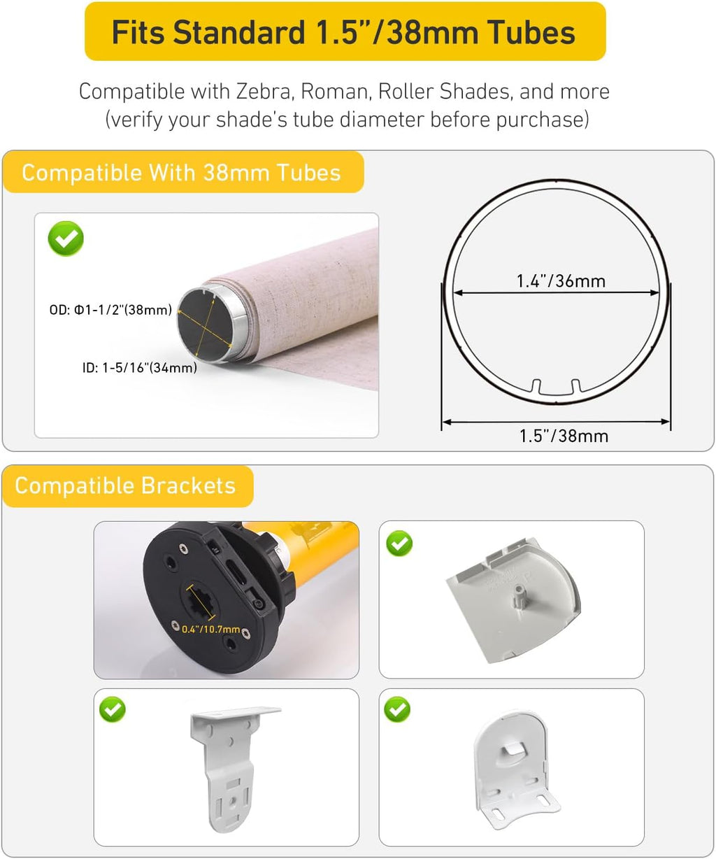 Smart Tuya WiFi Blinds Motor, AC100-240V Plug-in for 1.5"/38mm Shade Tubes, Compatible with Alexa/Google Home, APP & Timer Control, No Hub Required - Idea for Zebra, Roman, Roller Shades