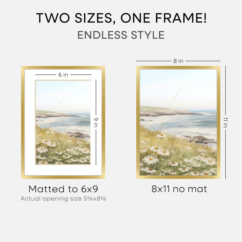 Homeforia 8x11 Picture Frame Gold, High End Metal 8 x 11 Poster Frames with Mat 6 by 9 for Photo, 11x8 Frame Matted to 6x9 inch Print, 8by11 Wall or Tabletop Frames, Tempered Glass, Wall Kit, Set of 1