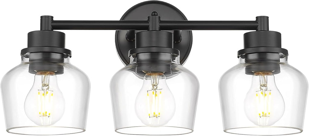 Emak 3-Light Bathroom Vanity Lights Over Mirror, Modern Bathroom Light Fixtures with Clear Glass Shade, Black Vanity Light for Bath, Makeup Desk, Mirror, VL122-BK-CG-3
