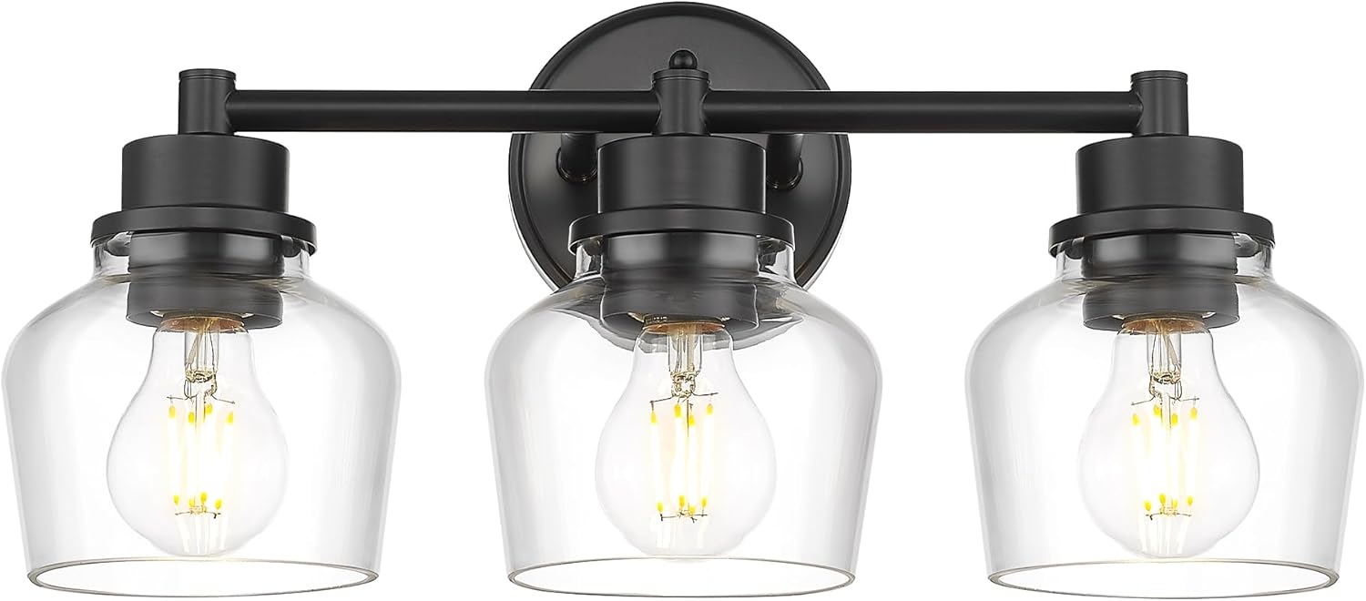 Emak 3-Light Bathroom Vanity Lights Over Mirror, Modern Bathroom Light Fixtures with Clear Glass Shade, Black Vanity Light for Bath, Makeup Desk, Mirror, VL122-BK-CG-3