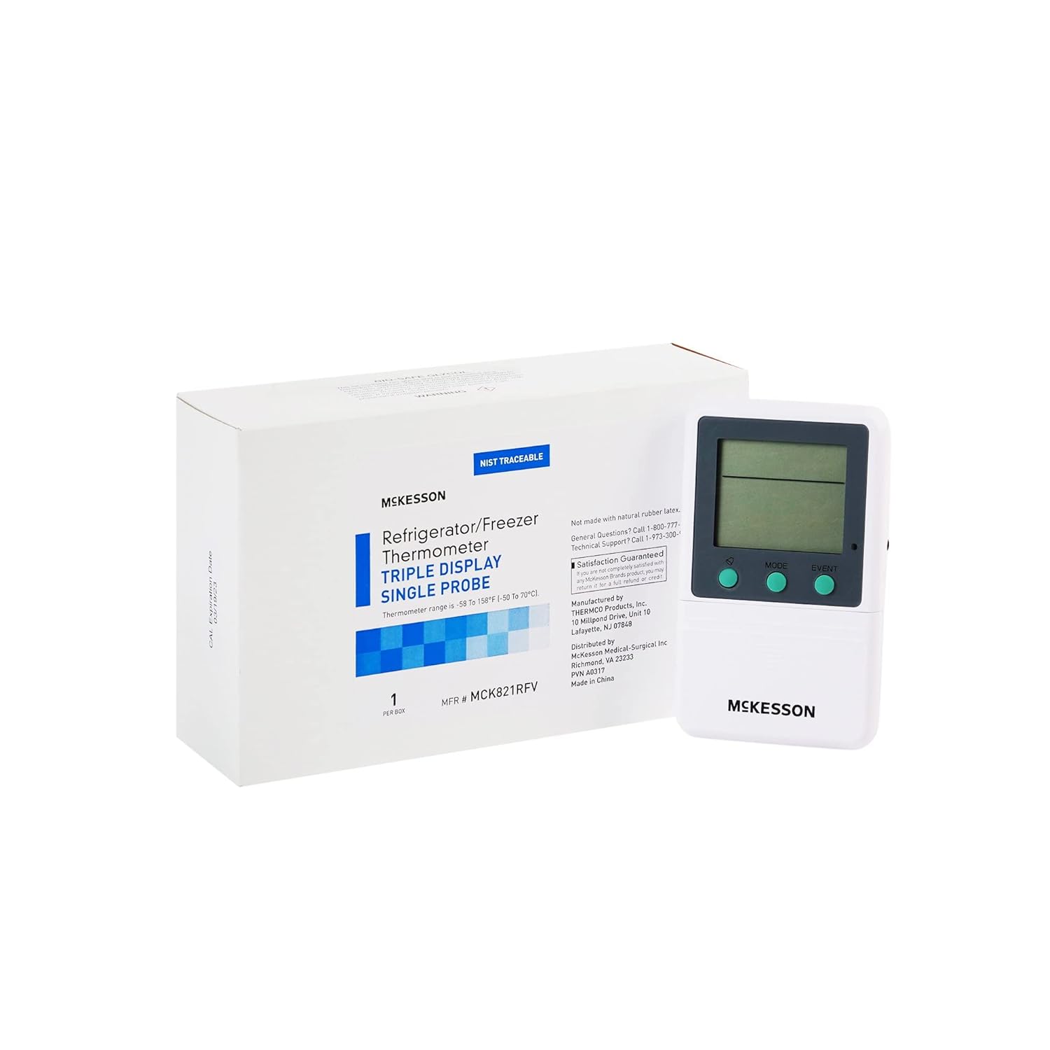 McKesson Refrigerator and Freezer Thermometer, Single-Probe - Waterproof Digital Triple Display, 1 Count
