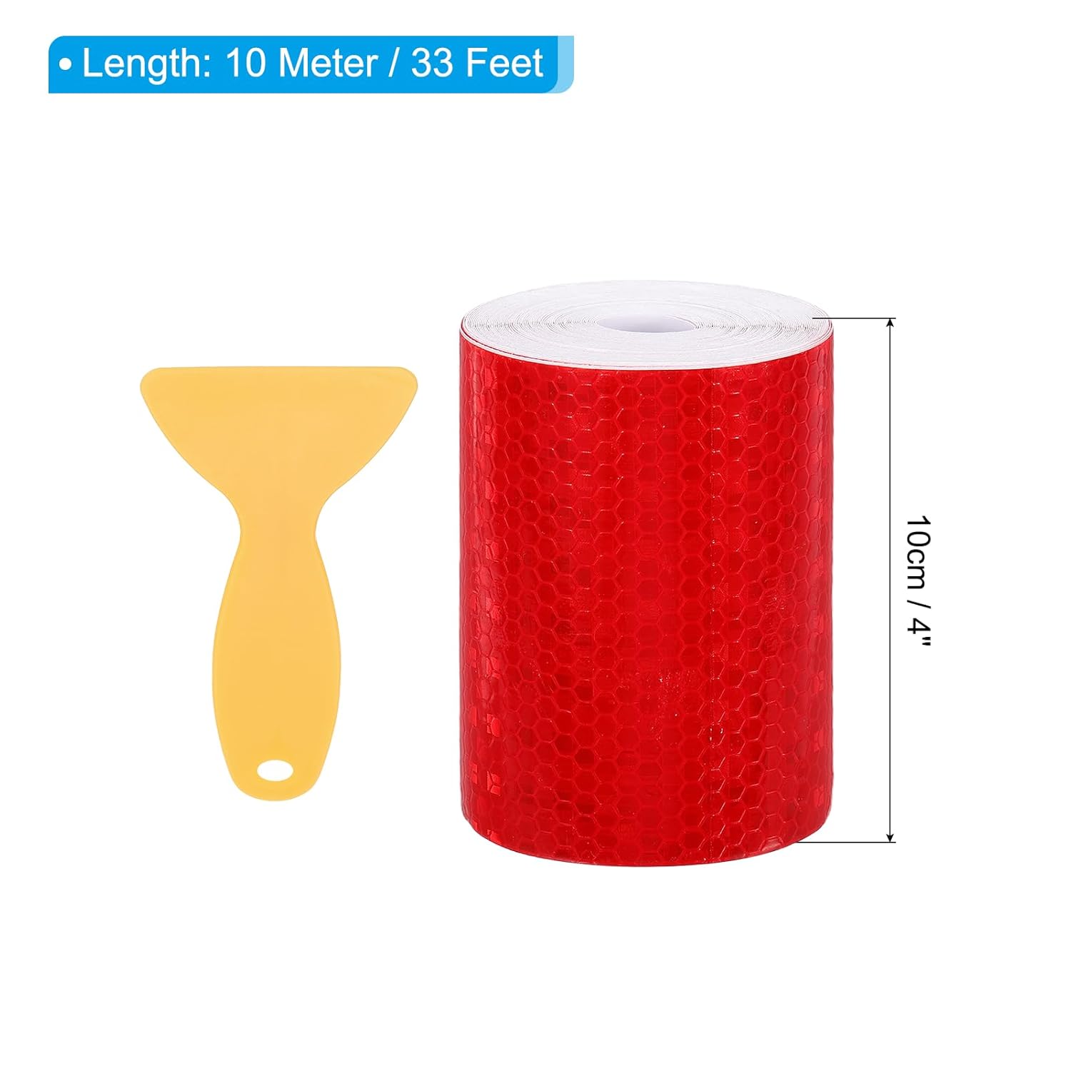 PATIKIL 4 Inch x 33 ft Reflective Tape, 1 Roll Waterproof Self Adhesive High Visibility Caution Warning Safety Tape Reflector with Scraper for Trucks Trailers Cars, Red