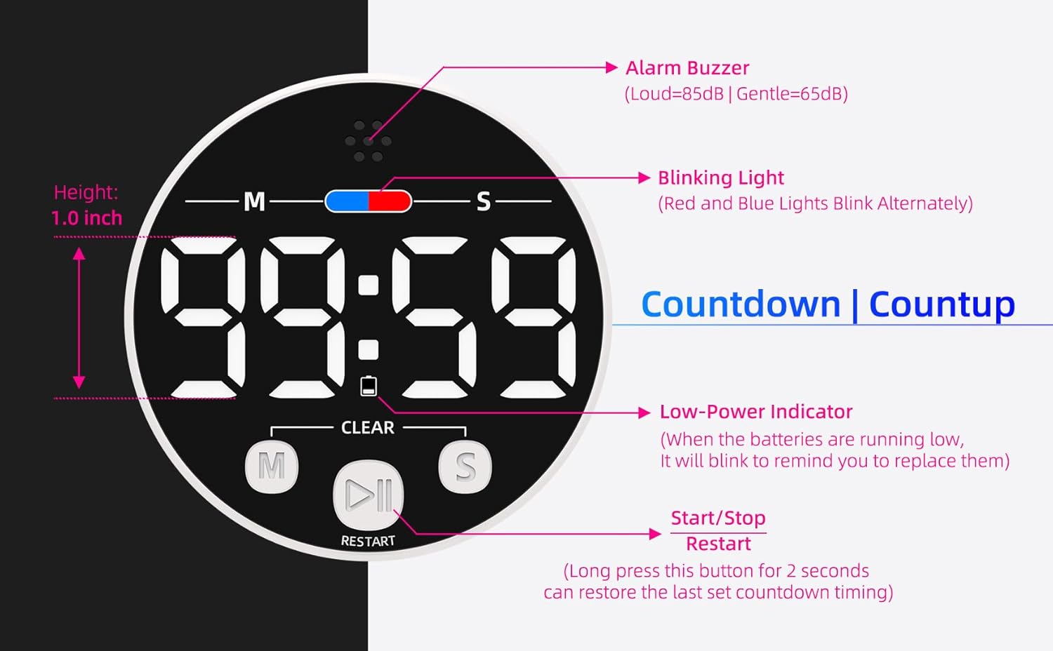 Large LED Digital Timer, Magnetic Countdown Loud Timer for Kitchen Cooking, Classroom Whiteboard, Kids, Toddler, Game, Productivity, Focus, Work, Task, Office, Meeting – Small, Simple, Visual, White