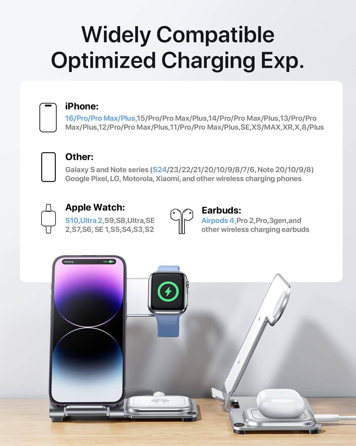 Intoval Metal Charging Station for iPhone 17/16/15/14/13/12/11/XS/XR/XS, 3 in 1 Wireless Charger for Apple Watch 11/Ultra 3/SE/10/9/8/7/6/5/4/3/2, for AirPods 4/Pro/Pro 2/3 (Y9,Silver)
