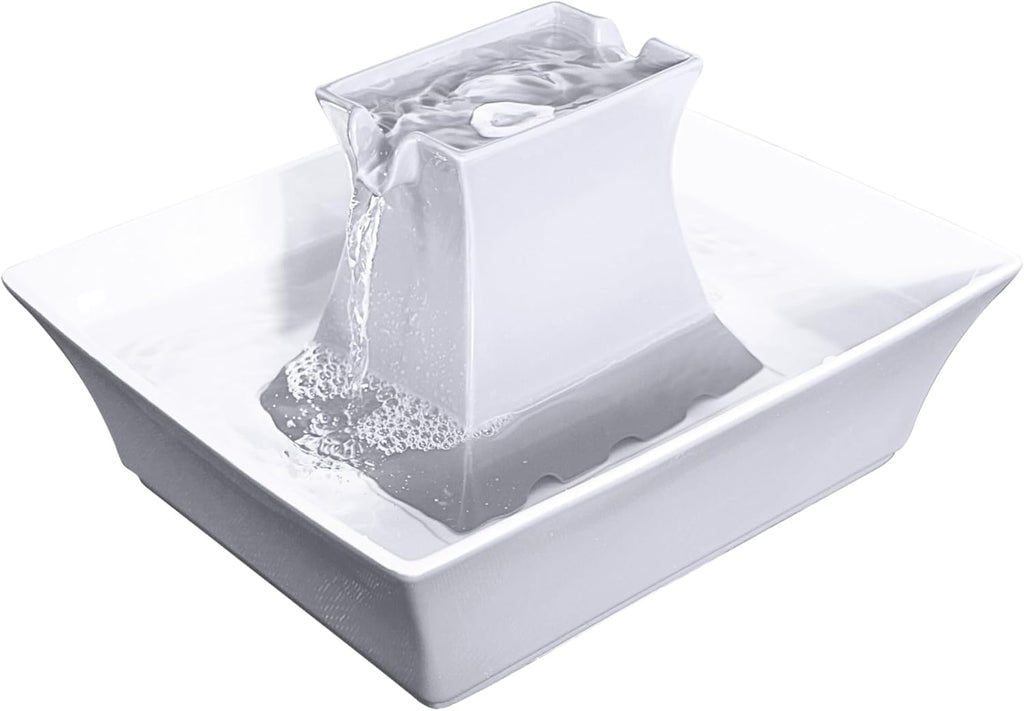 PetSafe Drinkwell Pagoda Fountain - Hygienic Ceramic Continuous Flowing Fountain - Elevated Upper Bowl & Double Free-Falling Stream Design - Minimalist Pet Hydration Station - 70 oz Capacity