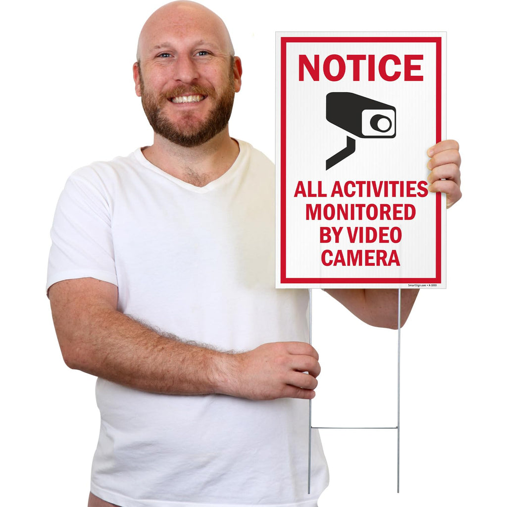 SmartSign 12" x 18" (2-Pack) All Activities Monitored By Video Camera Yard Sign with 15" Metal H-Stake, Double Sided Sign with Camera Symbol, 160 mil Thick Corrugated Plastic Lawn Signs, USA-Made