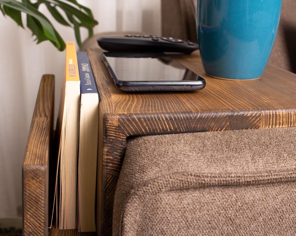 Wooden Couch Arm Tray – Sofa Armrest Table with Book & Magazine Holder, Perfect for Coffee & Remote Control, Solid Wood (Vancouver)