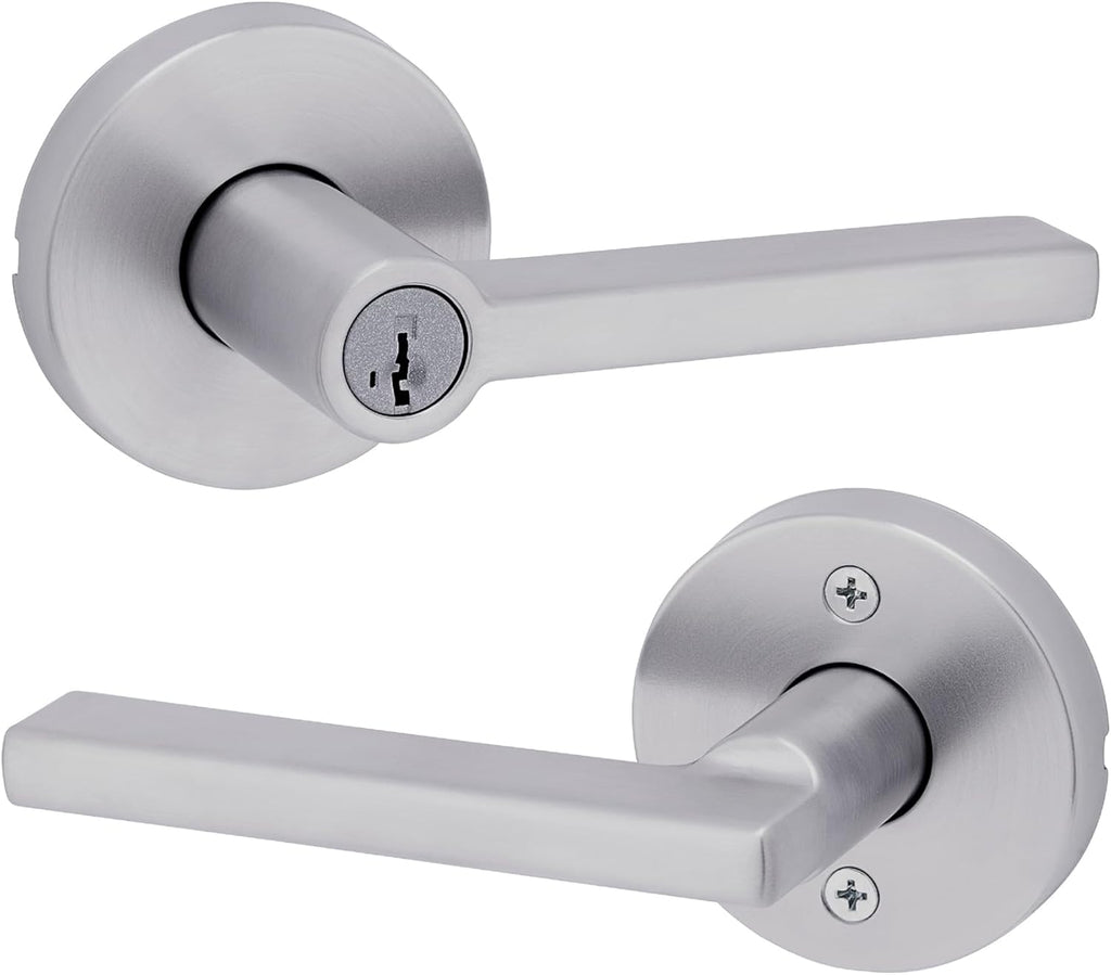 Kwikset Halifax Keyed Storeroom Entry Door Handle with Lock and Key, Secure Keyed Reversible Lever Exterior, for Front Entrance and Bedrooms, Satin Chrome, Pick Resistant Smartkey Rekey Security