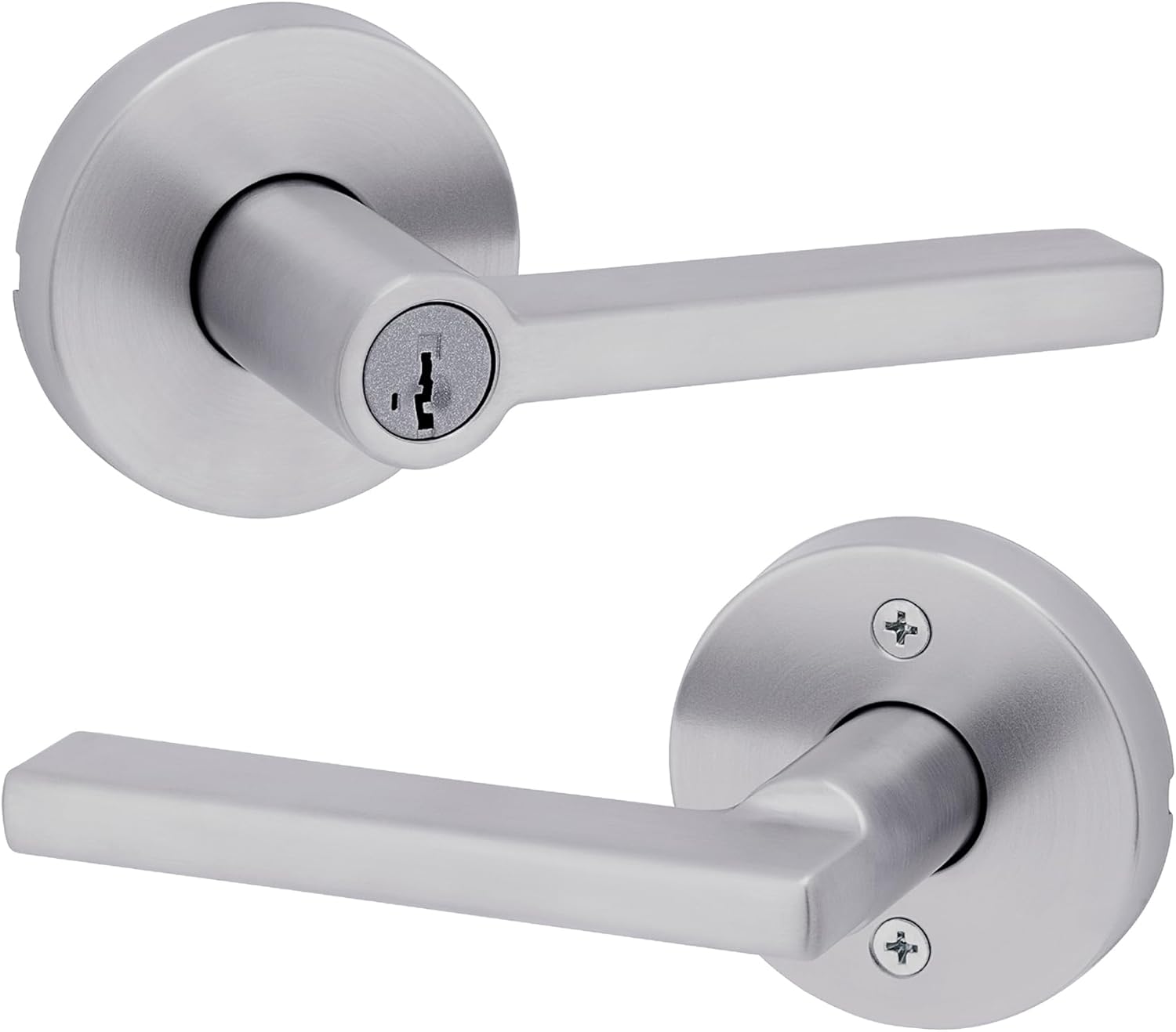 Kwikset Halifax Keyed Storeroom Entry Door Handle with Lock and Key, Secure Keyed Reversible Lever Exterior, for Front Entrance and Bedrooms, Satin Chrome, Pick Resistant Smartkey Rekey Security