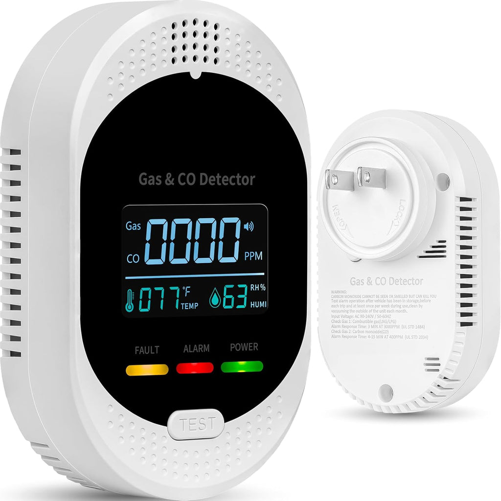 4-in-1 Carbon Monoxide Detectors,Plug in Combustible Gas Detector,Natural Gas & Co Gas Alarm Detectors with Temperature Humidity Display,Clear LCD Screen Sound Light Dual Alarm for Home RV Travel