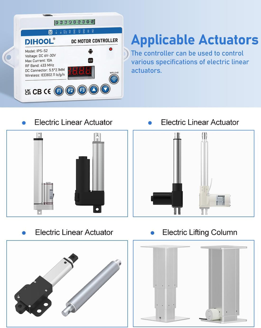 DIHOOL Electric Linear Actuator Controller with Current Limit, WiFi and Timer, Smart eWeLink Control, Remote Wireless 12V 24V DC Motor Controller, Rebound When Obstacles Protection, Load Safety