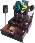 Wood Phone Docking Station with Drawer Nightstand Organizer Charging Station with 4 USB Charger Fast Charging for Dual Phone Apple Android Phones Anniversary Birthday Gifts for Men Dad Hunsband Mom