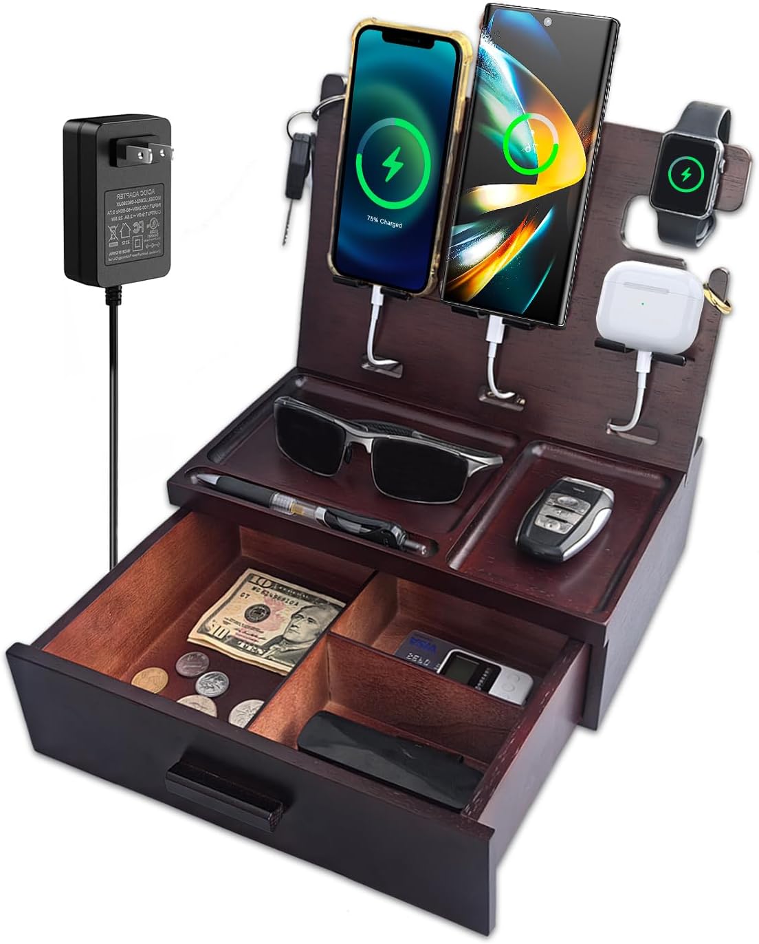 Wood Phone Docking Station with Drawer Nightstand Organizer Charging Station with 4 USB Charger Fast Charging for Dual Phone Apple Android Phones Anniversary Birthday Gifts for Men Dad Hunsband Mom
