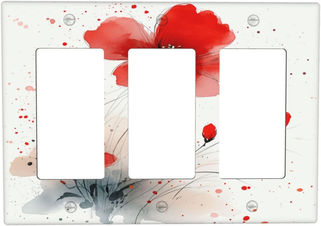 Vintage Watercolor Red Flowers Floral Light Switch Covers 3 Gang Rocker Decorative Triple Outlet Wall Plate Cover Electrical GFCI Switchplate for Bedroom Bathroom Decor