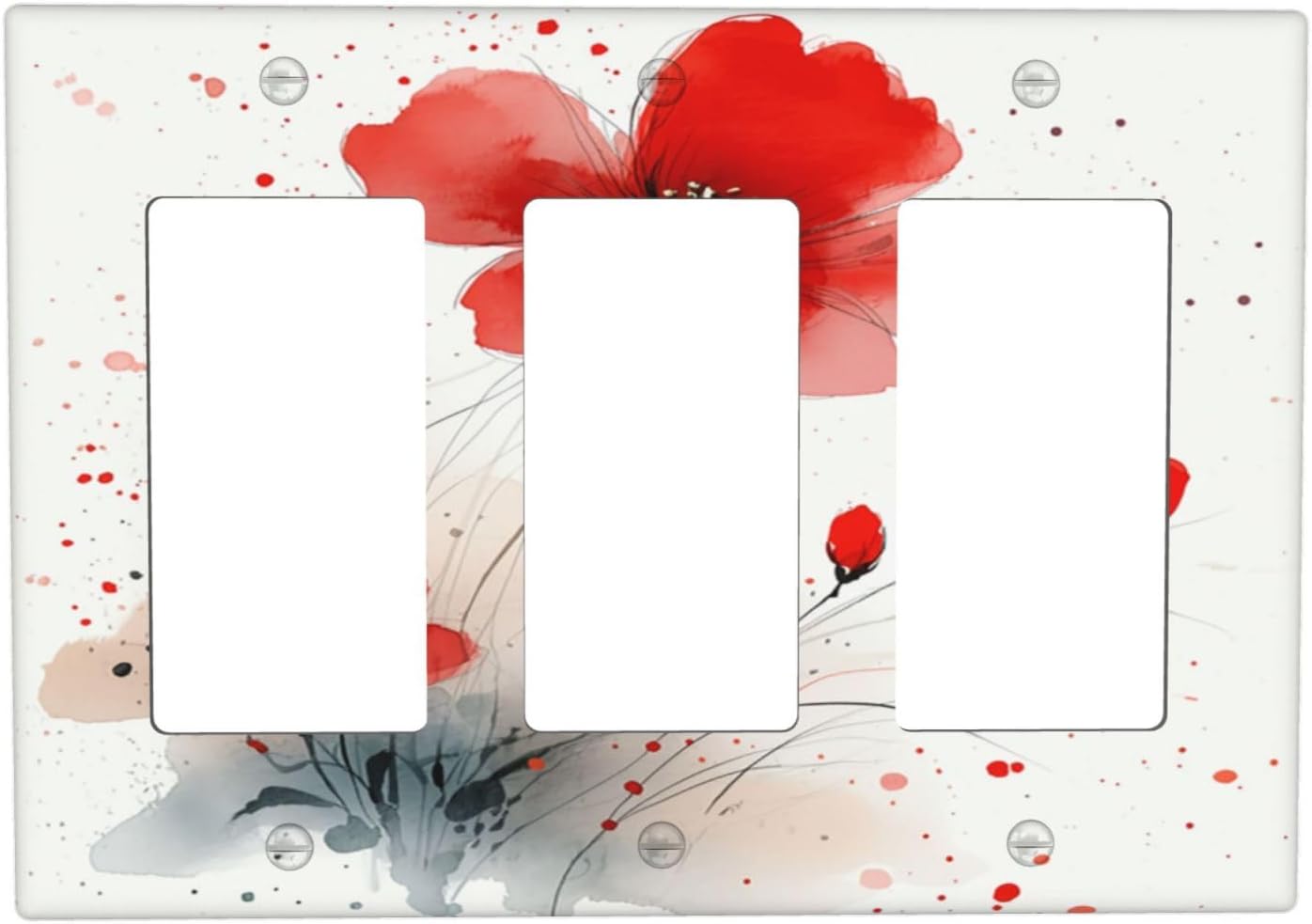 Vintage Watercolor Red Flowers Floral Light Switch Covers 3 Gang Rocker Decorative Triple Outlet Wall Plate Cover Electrical GFCI Switchplate for Bedroom Bathroom Decor