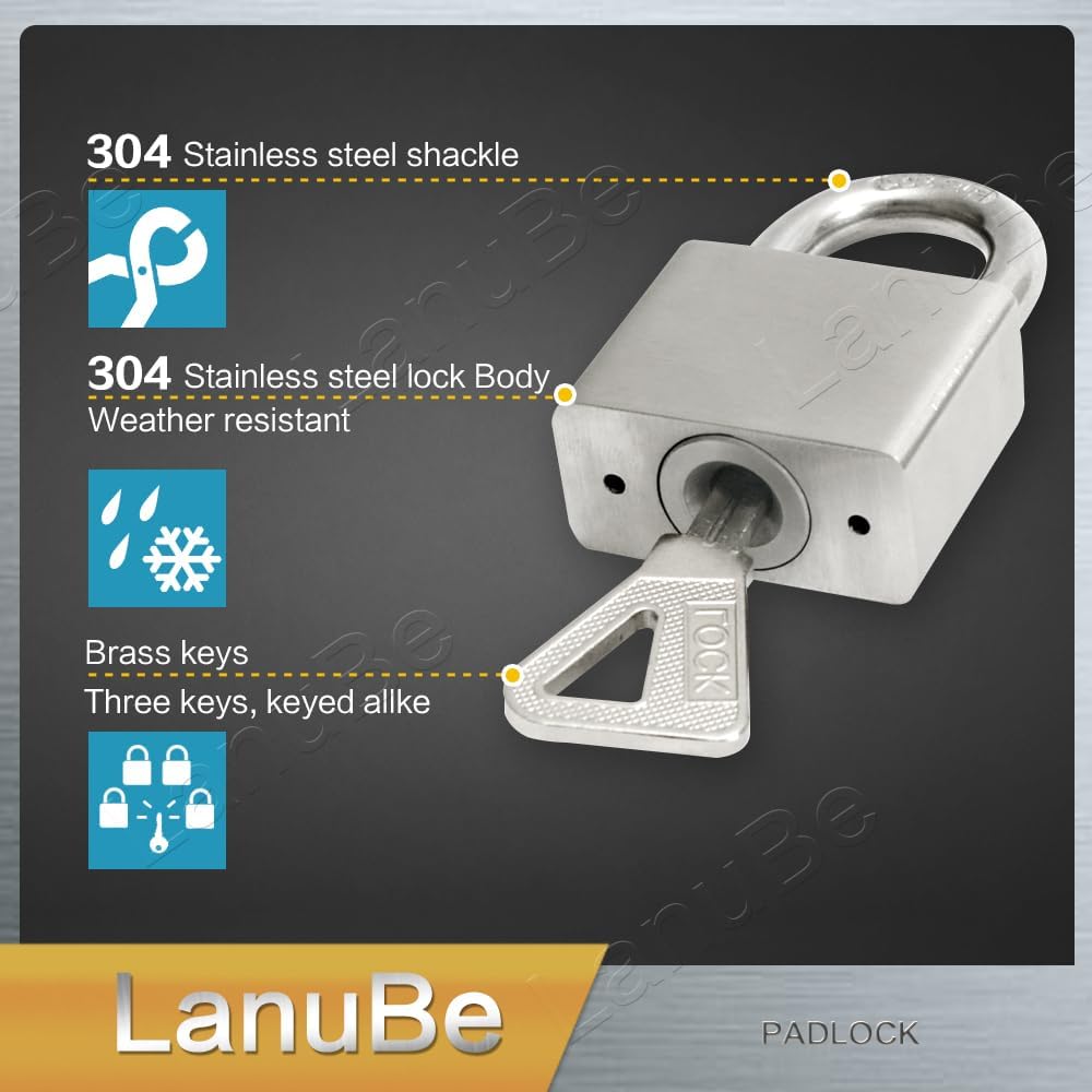 LanuBe 304 Stainless Steel keyed Alike Marine Small Padlocks for Outdoor use, 1-9/16 inch Wide Body, Stainless Steel Body, Normal Shackle, Pack of 2