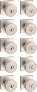 Kwikset Pismo Entry Door Knob with Lock and Key, Secure Keyed Handle Exterior, Front Entrance and Bedroom, Satin Nickel, 10 Pack, Pick Resistant SmartKey Rekey Security and Microban