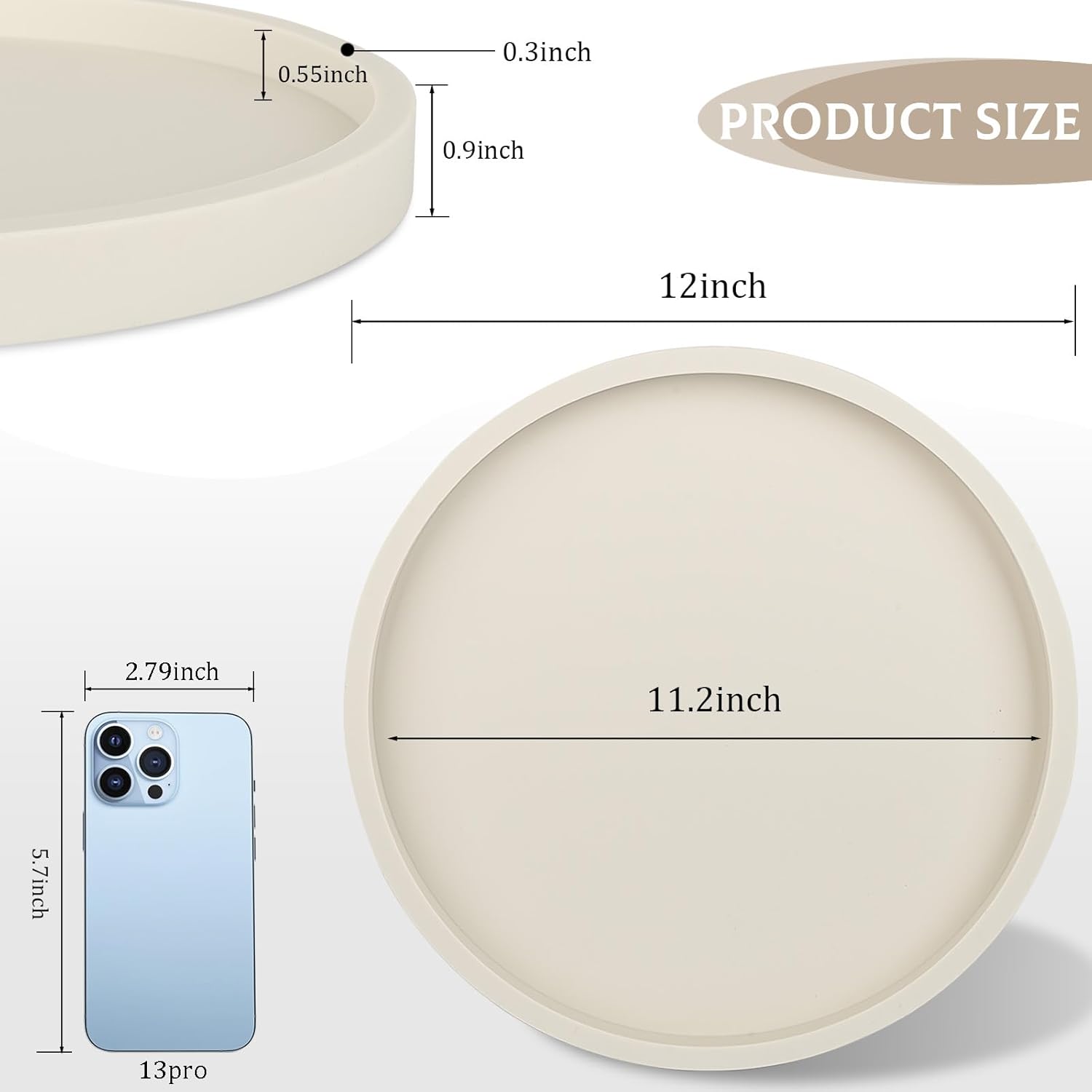 Silicone Bathroom Tray Round Vanity Tray Decorative Soap Holder Kitchen Countertop Organizer Coffee Table Decor for Candle, Perfume, Plant, 12 Inch, Beige