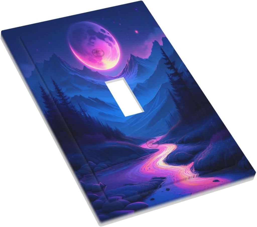 Purple Cyberpunk River Full Moon Mountain Forest Decorative Light Switch Cover 1 Gang Single Toggle Decorator Outlet Wall Plate Device Electrical Faceplate Switchplates for Bedroom Bathroom