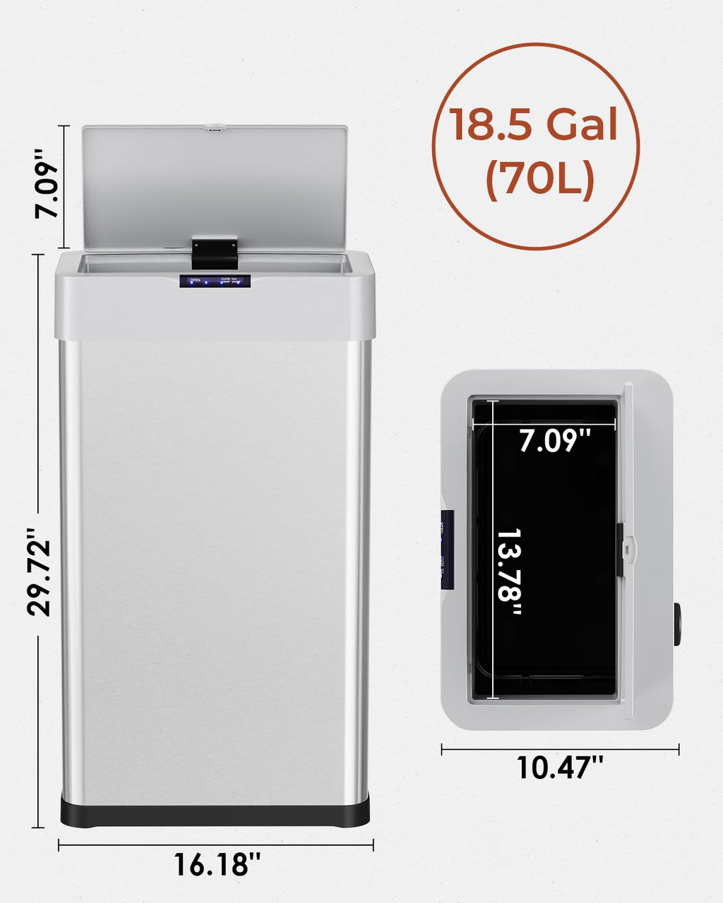 TLSUNNY 18.5 Gallon Motion Sensor Trash Can,Touchless Automatic Garbage Can,Brushed Stainless Steel Smart Bin,with Bag Holder,Soft Close Lid,for Kitchen,Office,RV,Bedroom,Living Room (Silver, 70L)
