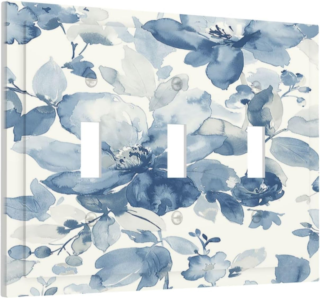 Decorative Switch Plates Blue Watercolor Floral 3 Gang Wall Plate Triple Toggle Light Switch Cover Faceplate Electrical Wall Panels for Bedroom Bathroom Decor