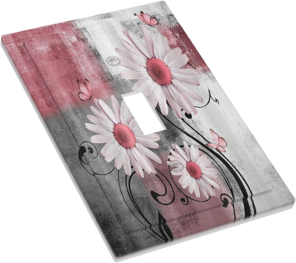 Decorative Light Switch Cover Pink Floral Rustic Daisy Flower And Butterfly 1 Gang Single Toggle Decorator Outlet Wall Plate Device Electrical Faceplate Switchplates for Farmhouse Cabin Decor