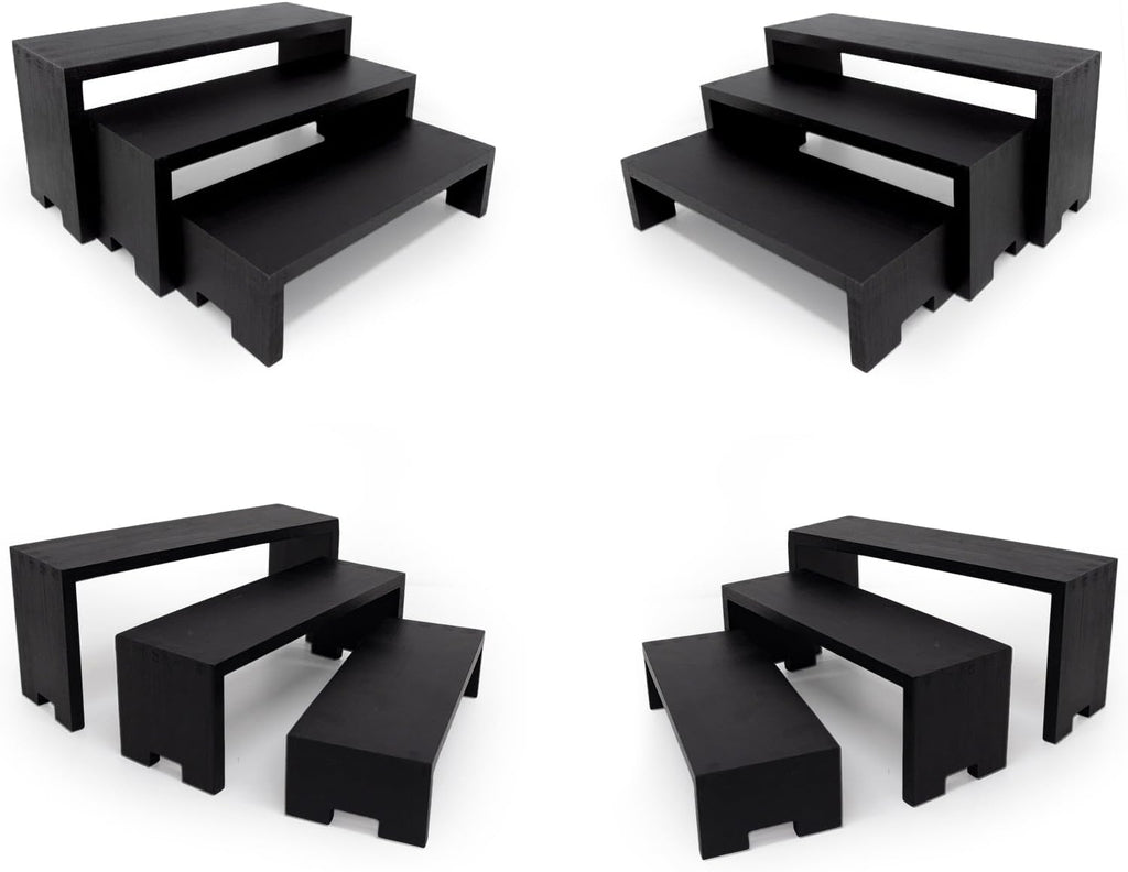 12Pcs Display Riser Wood Risers Wooden Stand 3 Tier 4 Set 12 Pieces Wood Racks Decorative Rectangular, Cupcake Stands Cologne Perfume Organizer(Black)