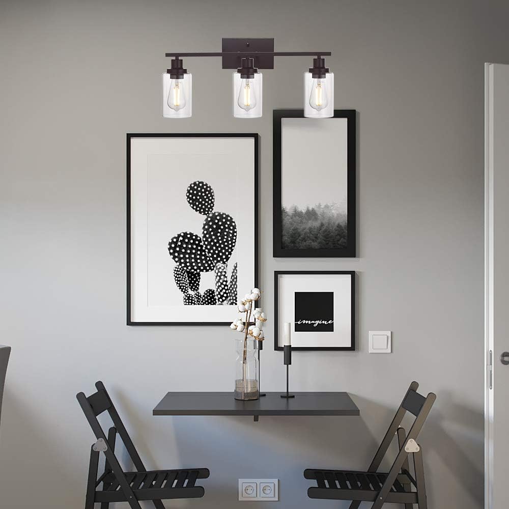 MELUCEE 3 Light Bathroom Vanity Light Oil Rubbed Bronze, Industrial Wall Light Fixture with Clear Glass Shade Sconces for Bedroom Porch Kitchen Living Room (Patent No.: US D963914 S)