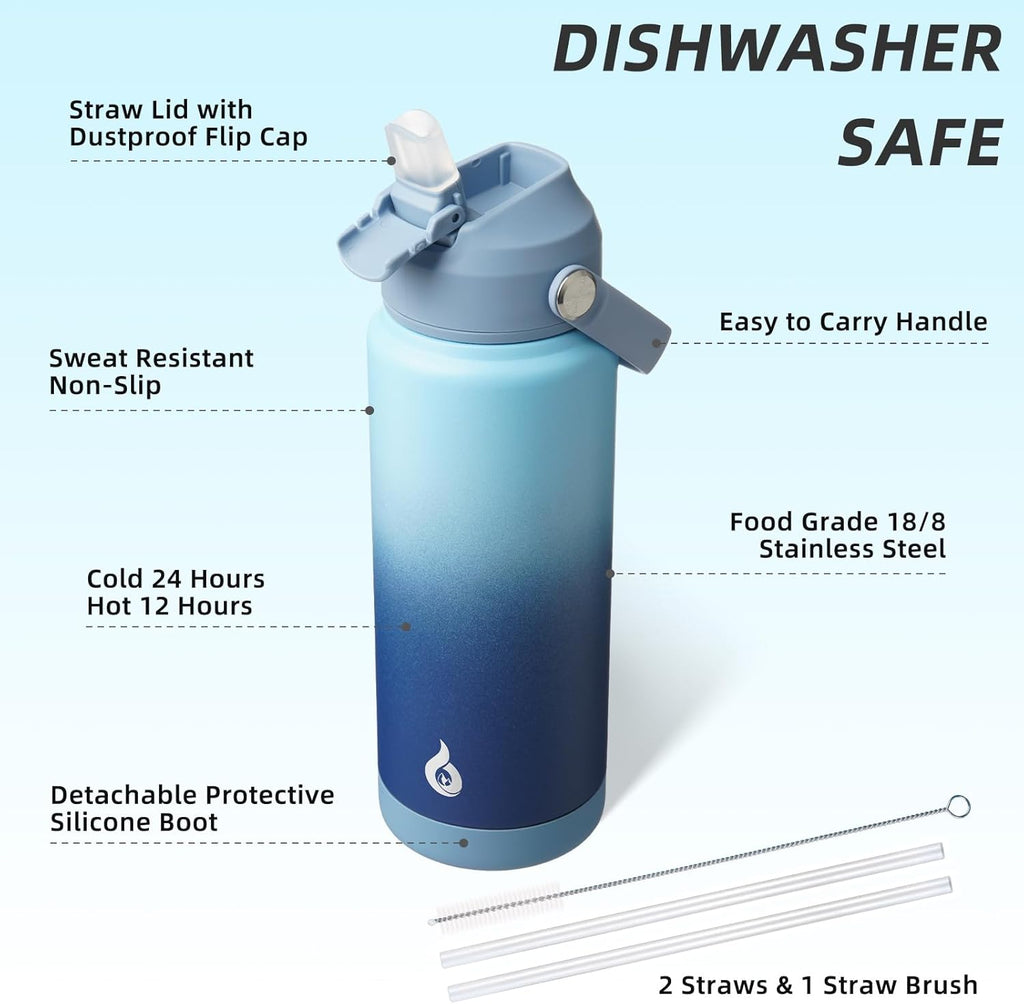 BJPKPK Water Bottle with Straw Lid, 24oz Vacuum Insulated Water Bottles, Metal Stainless Steel Thermo for Sports, Travel, BPA Free Leak Proof Thermo, Cups, Flasks, Tumblers,Sky