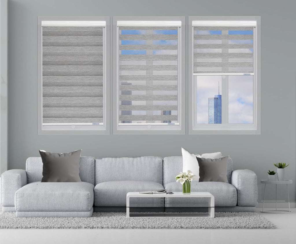 ShadesU Cordless Zebra Blinds for Windows, 34" W x 72" H, Grey, Dual Layer Free-Stop Zebra Shades, Light Control for Day and Night, Sheer Blinds for Indoor Windows, Bedroom, Kitchen