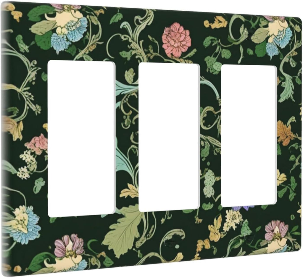Decorative Outlet Covers Vintage Green Leaf Plant Rustic Pink Flower 3 Gang Wall Plate Triple Rocker Light Switch Cover Plate Jumbo Electrical GFCI Faceplate for Home Decor