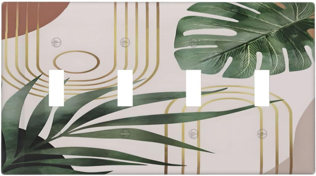Decorative Light Switch Plate Covers Boho Mid Century Abstract Arch Green Leaves 4 Gang Light Switch Cover Plate Quad Toggle Wall Plate Outlet Covers for Bedroom Home Decor