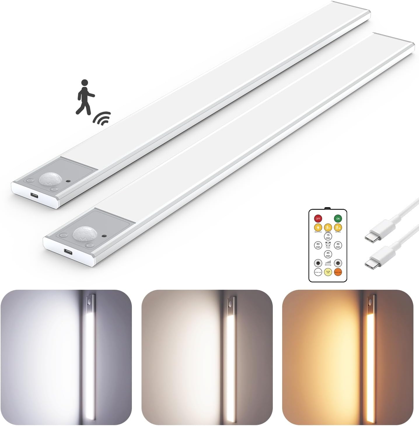 16" Ultra-Thin Under Cabinet Lighting Wireless, Aluminum Alloy Under Counter Lights for Kitchen, 3-Color-Temps Magnetic Closet Lights, Rechargeable Motion Sensor Light Indoor (2 Pack, Silver)
