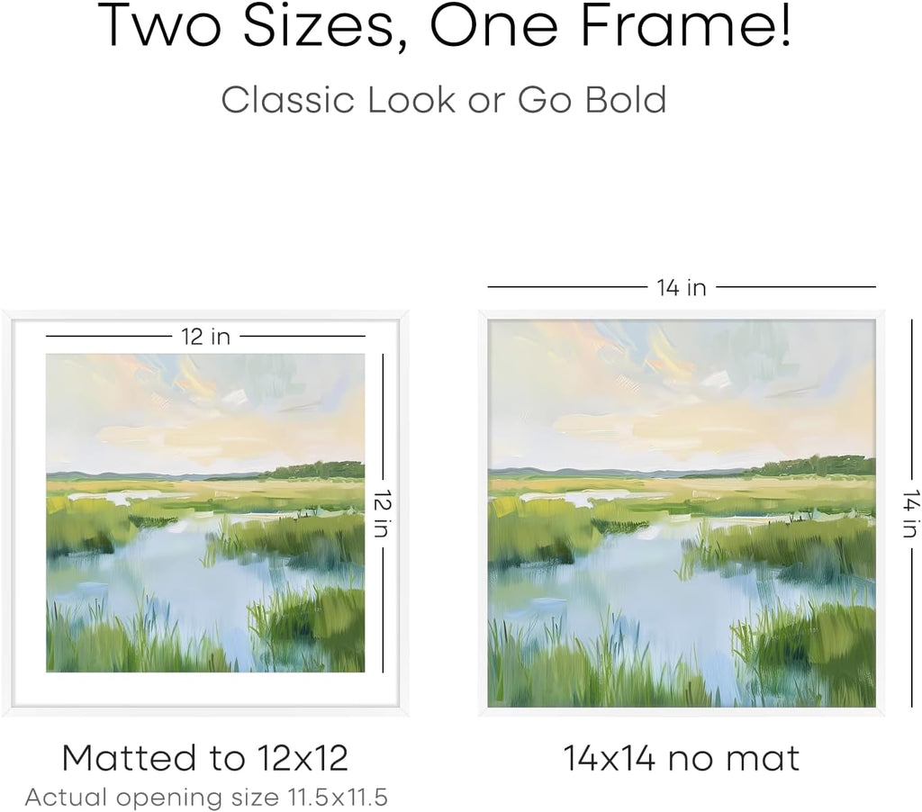 Homeforia 14x14 Picture Frame White, High End Metal 14 x 14 Square Poster Frames with Mat 12 x 12 Photo, 14x14 White Frame Matted to 12x12 Print, 14by14 Thin Frames, Tempered Glass, Wall Kit, Set of 1