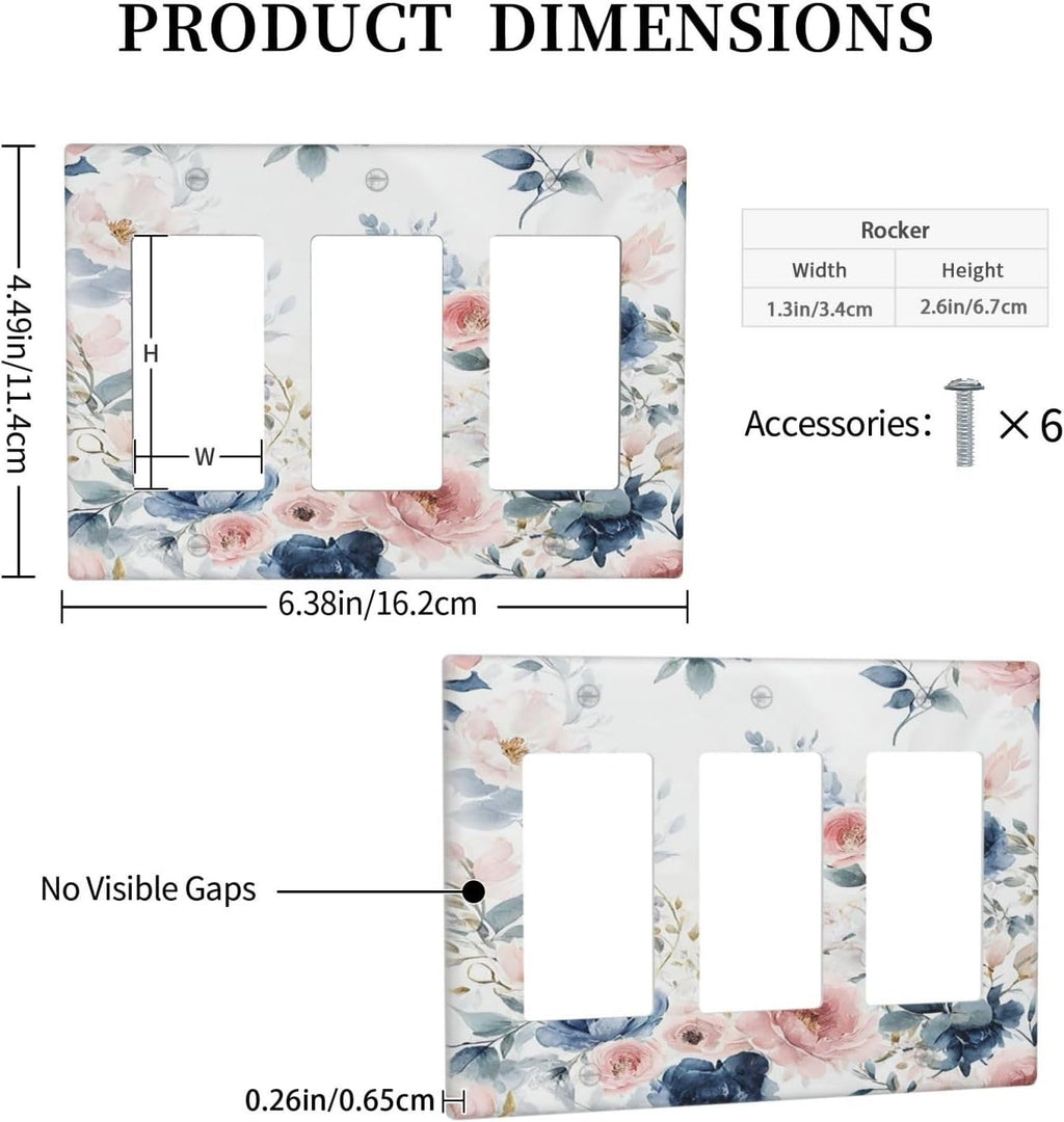 Elegant Watercolor Pink Blue Flowers Floral Triple Rocker Light Switch Covers 3 Gang Outlet Cover Wall Plates Decorative Switch Plates Electrical GFCI Faceplate Switchplate for Home 4.49 X 6.38 IN