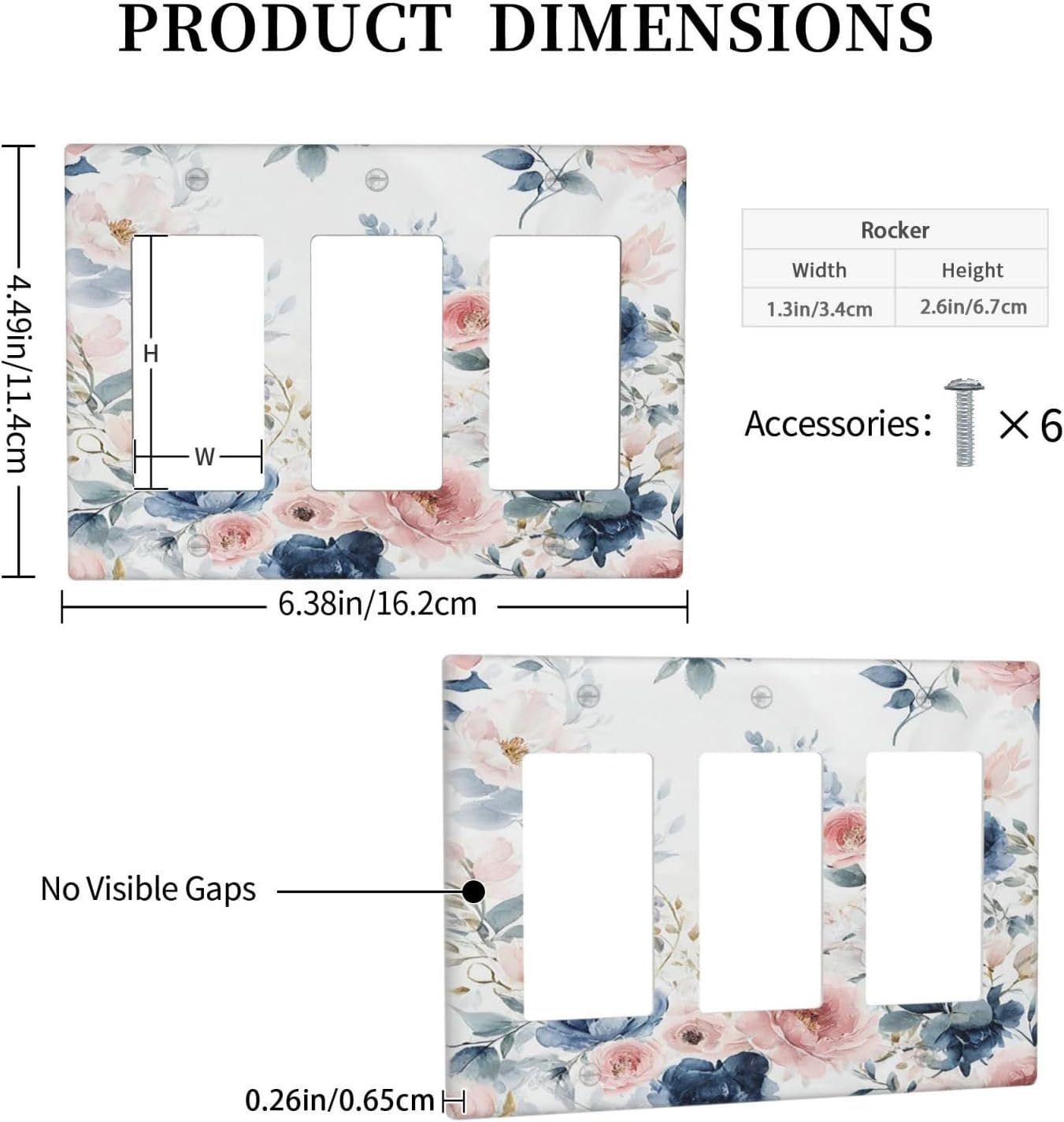 Elegant Watercolor Pink Blue Flowers Floral Triple Rocker Light Switch Covers 3 Gang Outlet Cover Wall Plates Decorative Switch Plates Electrical GFCI Faceplate Switchplate for Home 4.49 X 6.38 IN